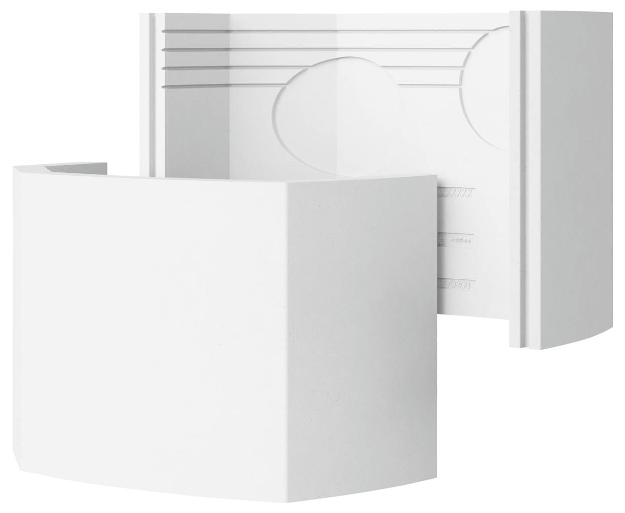 Bílý nástěnný akustický panel s designem zakřiveného tvaru a drážkovaným vzorem, používaný pro absorpci zvuku a estetické zlepšení místností.