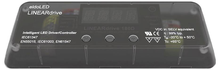 Ovladač LED diod 'eldoLED LINEARdrive' se čtyřmi tlačítky a stavovými indikátory. Je označen normami shody a teplotním rozsahem.