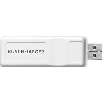 Bílé USB zařízení s nápisem „Busch-Jaeger" vytištěným na něm, což naznačuje, že se pravděpodobně jedná o značkový elektronický příslušenství nebo nástroj.
