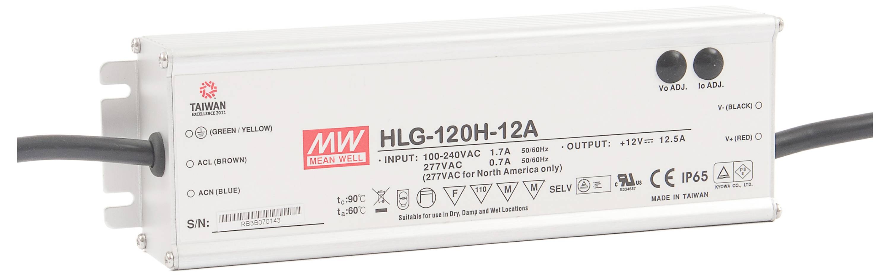 Kovová skříň označená "HLG-120H-12A" s černými kabely, detaily vstupu a výstupu a bezpečnostní symboly pro elektrické zařízení.