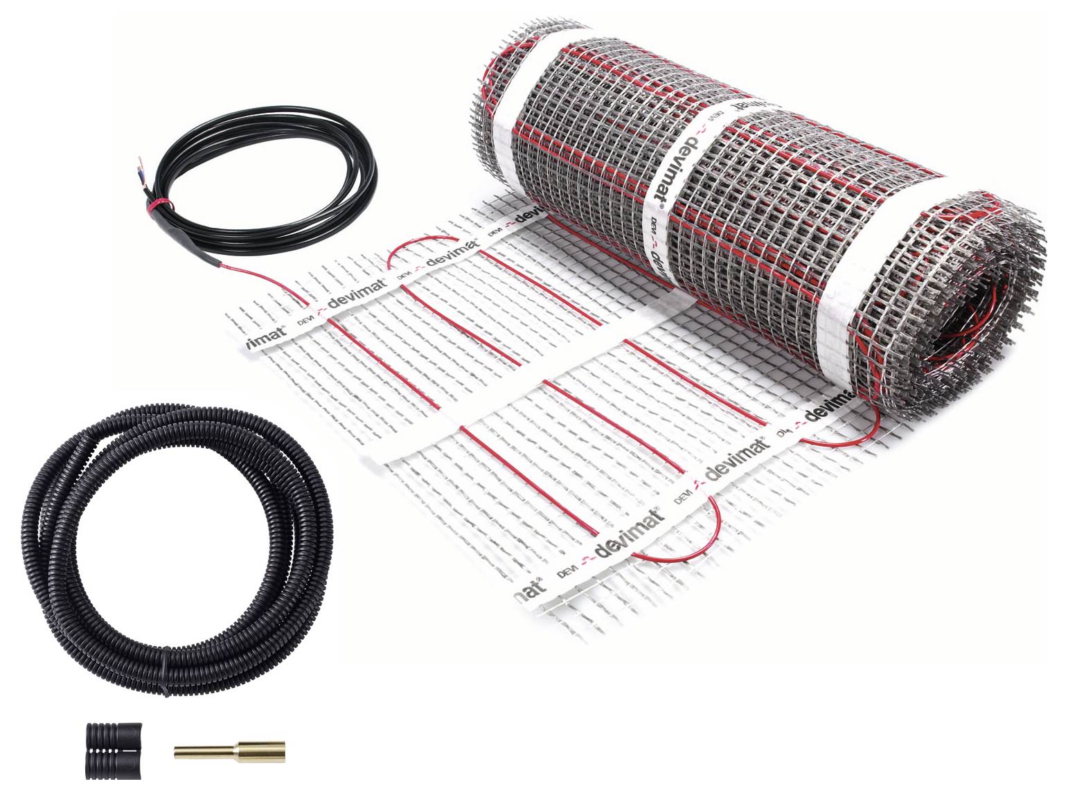'DEVImat™ DTIF-150' elektrická rohož na podlahové topení a kabely vystavené, prezentující svinutou rohož s viditelnými vodiči a příslušenstvím.