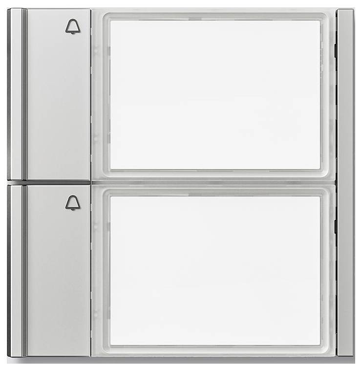 Obrázek dvojitého spínače světla se dvěma obdélníkovými tlačítky a symbolem zvonku na každém. Spínač má kovový povrch.