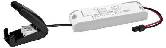 Obdélníkové bílé elektronické zařízení s připojenými červenými a černými vodiči; černý kryt je částečně otevřený a odhaluje interní připojovací body.