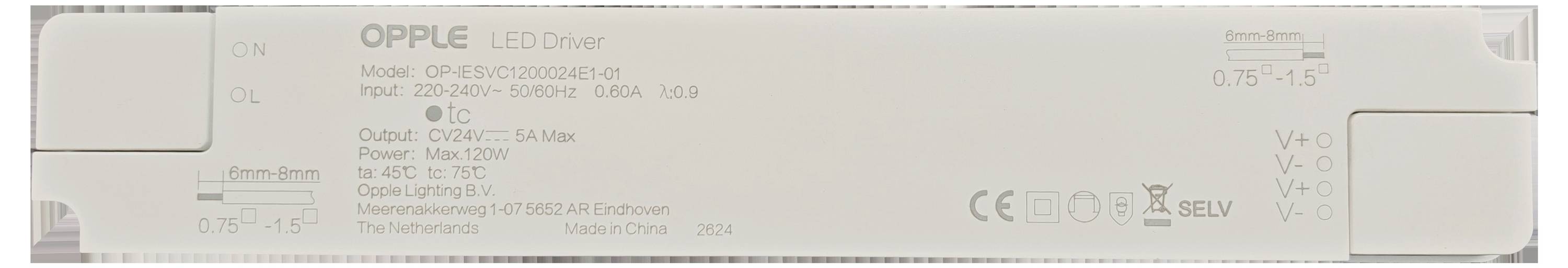 "OPPLE LED Driver" se specifikacemi včetně modelu: OTi DALI 75/220-240/24 1CH-V1, výstup 60-24V, max 75W, vyrobeno v Číně. Označeno CE a SELV.