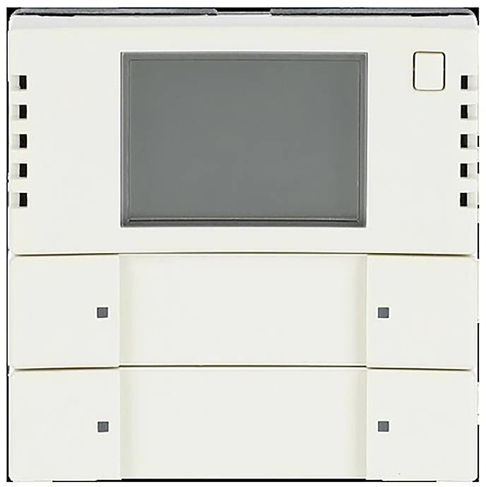 Béžové elektronické zařízení s tmavou obrazovkou a tlačítkem, potenciálně termostat nebo ovládací panel, s minimalistickým designem.