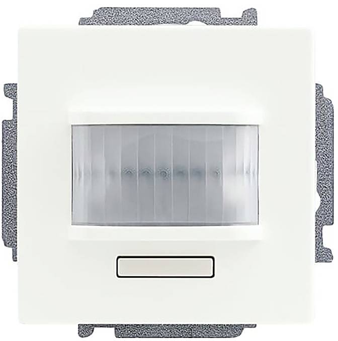 Bílý pohybový senzor se horizontální čočkou a tlačítkem pod ní, určený k instalaci do stěny.