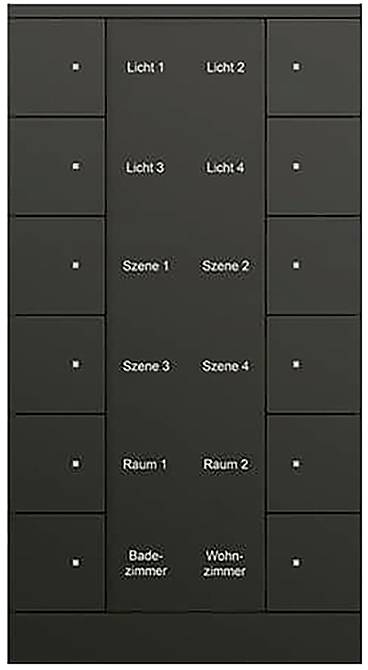 Černý nástěnný ovládací panel s popisovanými tlačítky: Světlo 1, Světlo 2, Světlo 3, Světlo 4, Scéna 1, Scéna 2, Scéna 3, Scéna 4, Místnost 1, Místnost 2, Koupelna, Obývací pokoj.
