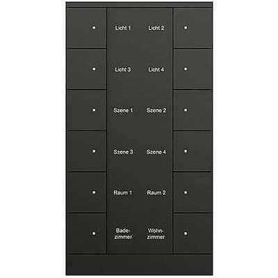 Černý nástěnný ovládací panel s popisovanými tlačítky: Světlo 1, Světlo 2, Světlo 3, Světlo 4, Scéna 1, Scéna 2, Scéna 3, Scéna 4, Místnost 1, Místnost 2, Koupelna, Obývací pokoj.