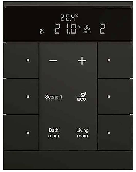 Černý elektronický ovládací panel zobrazuje aktuální teplotu "20,4°C", nastavenou na "21,0°C". Obsahuje možnosti "Scéna 1", "Eco" a možnosti místnosti.