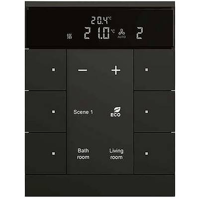 Černý elektronický ovládací panel zobrazuje aktuální teplotu "20,4°C", nastavenou na "21,0°C". Obsahuje možnosti "Scéna 1", "Eco" a možnosti místnosti.