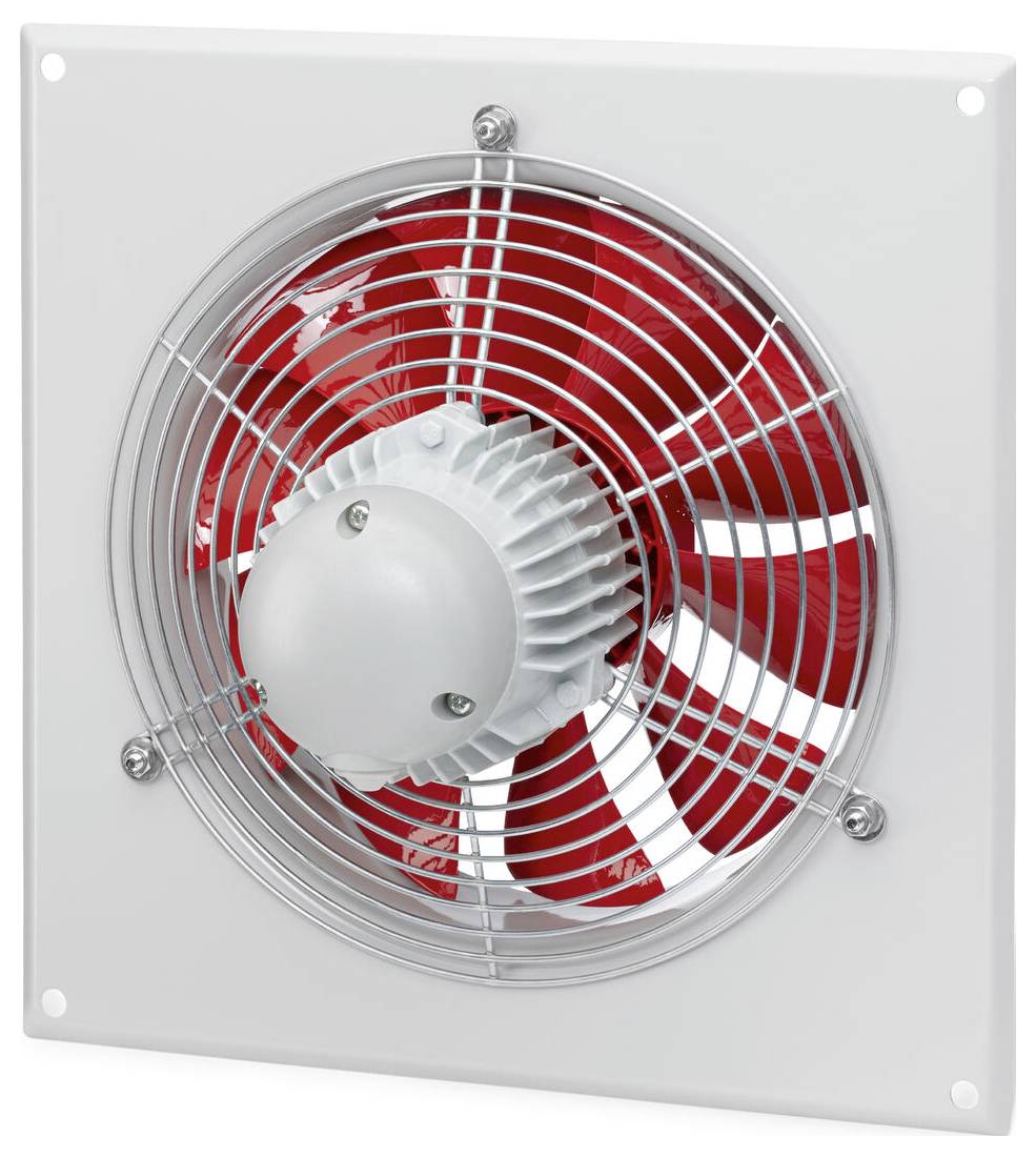 Čtvercový ventilátor s červenými lopatkami a ochrannou kovovou mřížkou namontovaný na lehce barevném panelu.