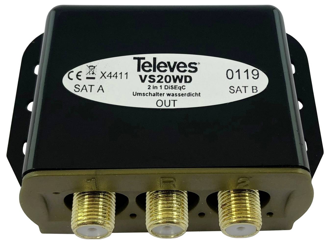 Přepínač DiSEqC označený "Televes VS20WD" se třemi konektory: "SAT A", "OUT", "SAT B". Používá se pro správu satelitního signálu.