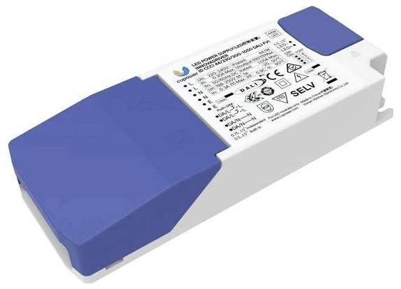 "Elektronické řídící zařízení LED pro LED moduly" vytištěno na bílém obdélníkovém zařízení s modrým koncem. Zobrazeny jsou certifikace a specifikace výkonu.