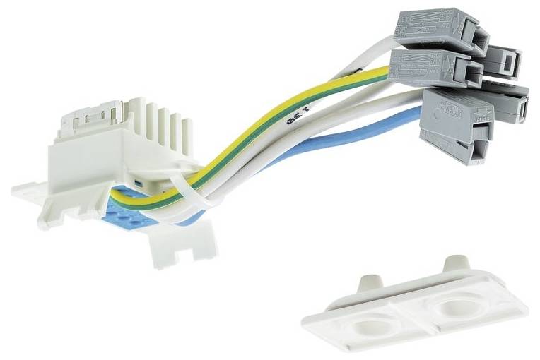 Součásti elektrické instalace: modrá rozvodná krabice, modrý instalační rám a stříbrný kryt označený 'Busch-Jaeger carat flat Ø74 mm'.