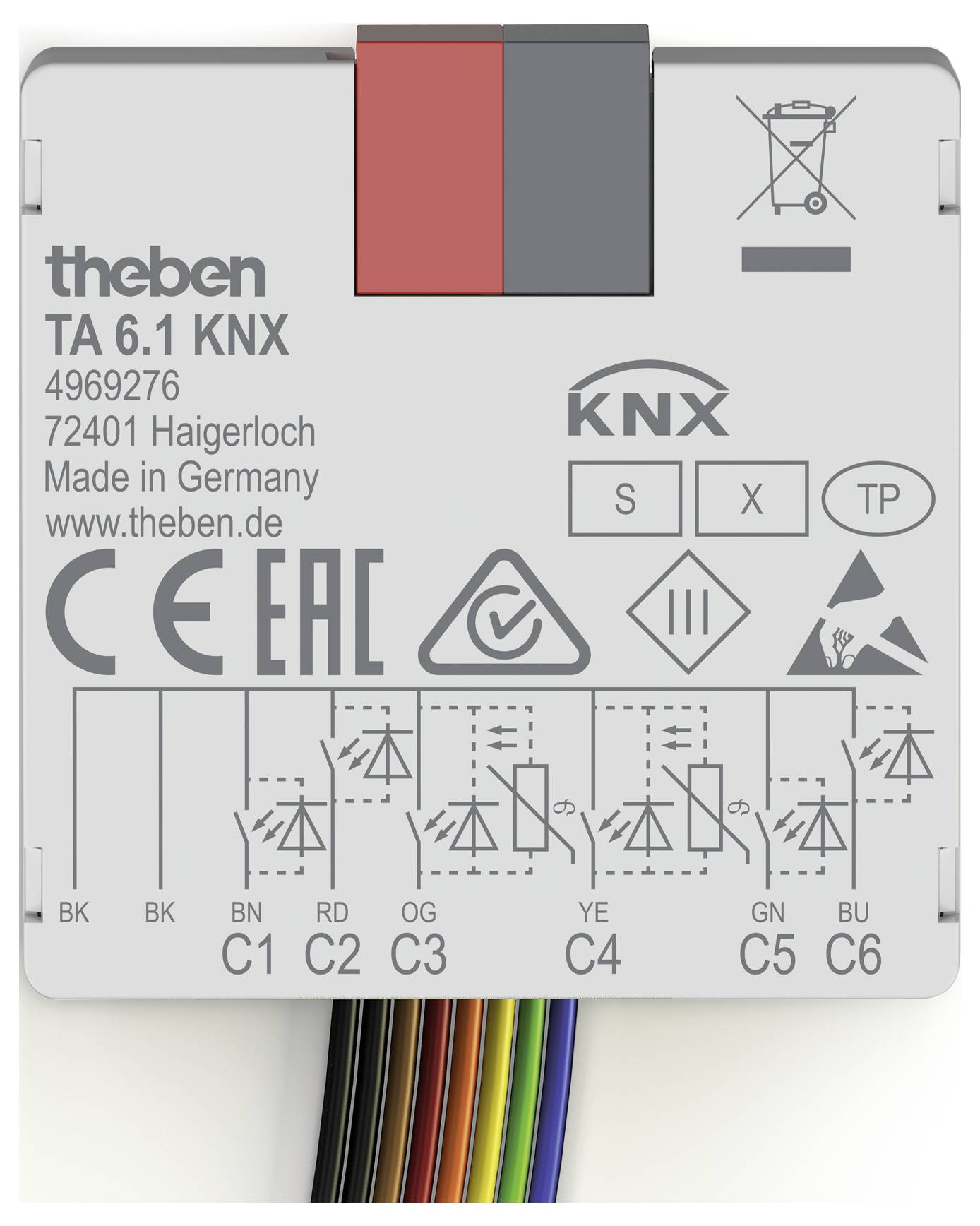 Bílá jednotka zařízení označená 'TA 6.1 KNX' s barevnými vodiči, technickými symboly a logy související s elektrickými předpisy a výrobními detaily.