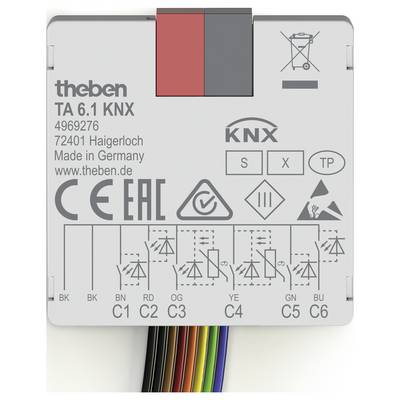 Bílá jednotka zařízení označená 'TA 6.1 KNX' s barevnými vodiči, technickými symboly a logy související s elektrickými předpisy a výrobními detaily.