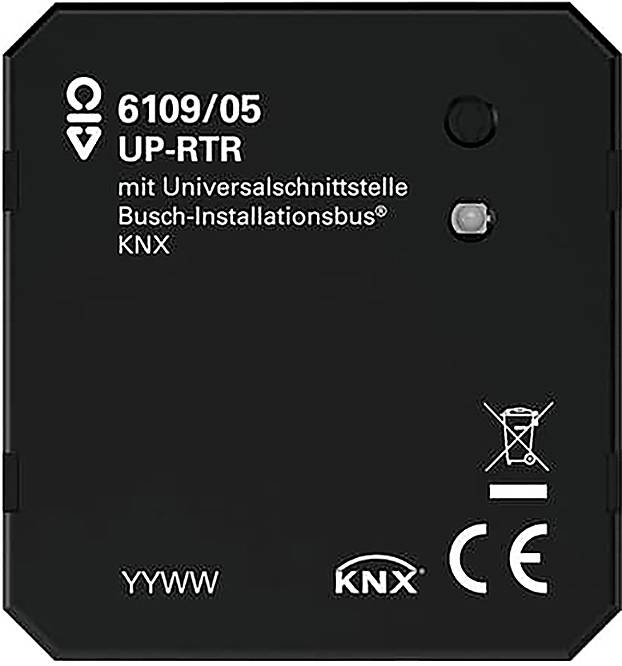 Zařízení KNX, model 6109/05, s univerzálním rozhraním pro instalační sběrnici Busch. Černá skříň se značením CE a varovným symbolem.