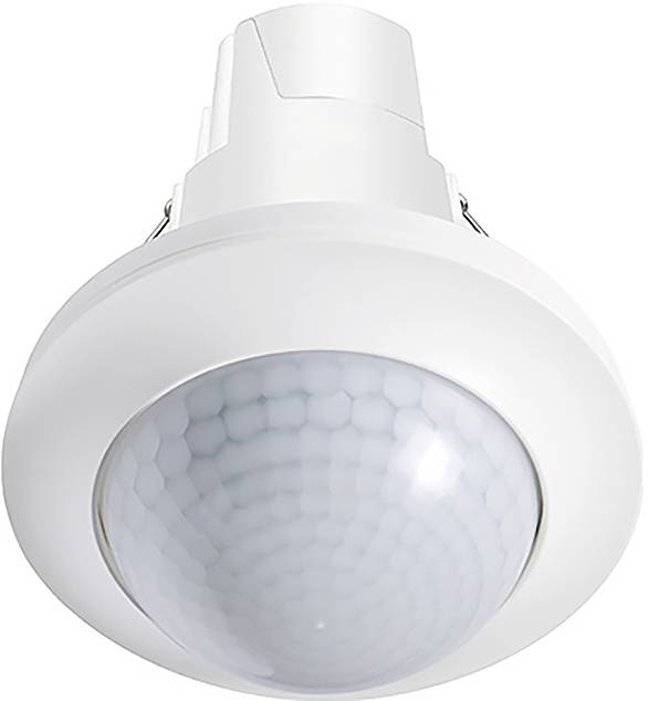 Stropně upevněný senzor pohybu s bílým pouzdrem a čočkou se šestiúhelníkovým vzorem, určený k detekci pohybu v místnosti.