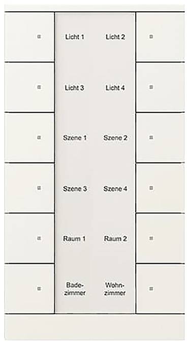 Ovládací panel s tlačítky označenými pro světla, scény a místnosti, včetně "Světlo 1-4", "Scéna 1-4", "Místnost 1-2", "Koupelna" a "Obývací pokoj".