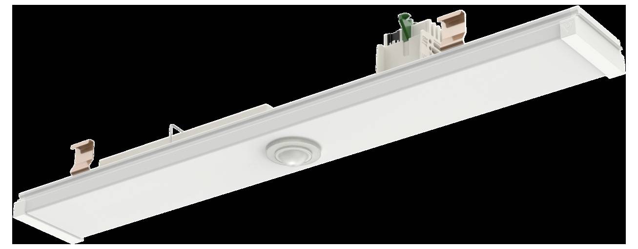 Obdélníkový stropní LED svítidlo se štíhlým designem s měděnými konektory a zelenými prvky na horní straně.