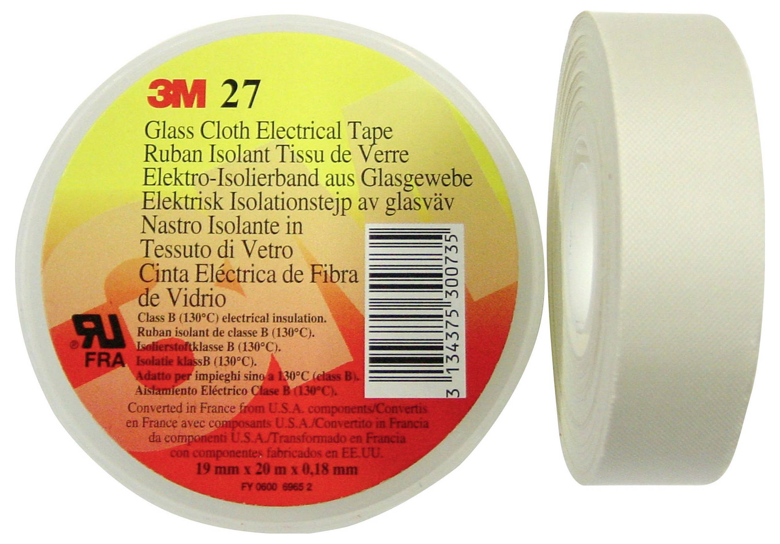 3M 27 Skleněná tkanina Elektrikářská páska s řadou vícejazyčných popisů, vhodná pro elektrickou izolaci.