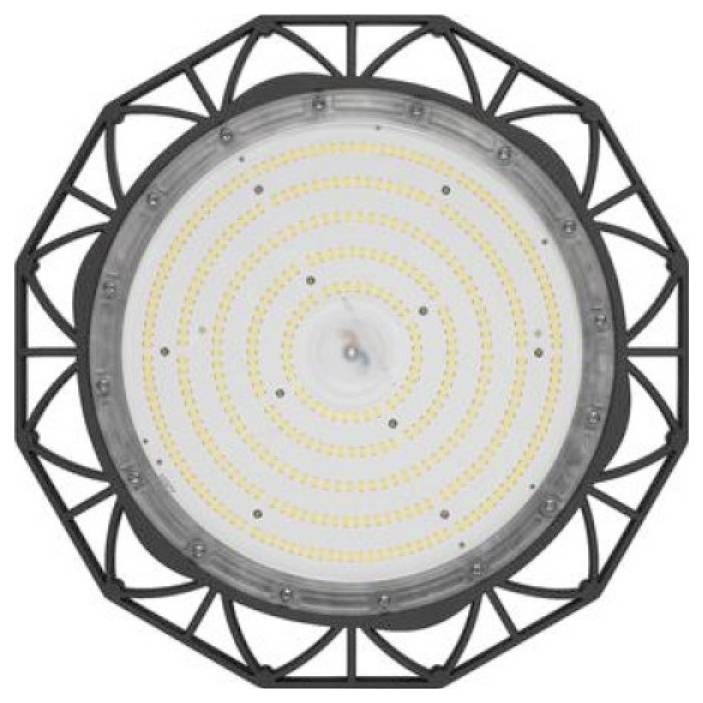 Kulatá LED svítidla s černým geometrickým vnějším rámem a soustřednými kroužky malých žlutých LED diod kolem středního objektivu.