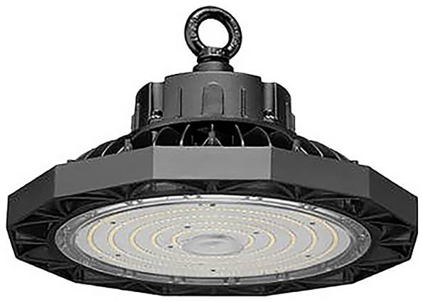 Kruhové LED svítidlo pro vysoké haly s černým vnějškem a kruhovou montáží, určené pro průmyslové nebo komerční instalace na stropech.