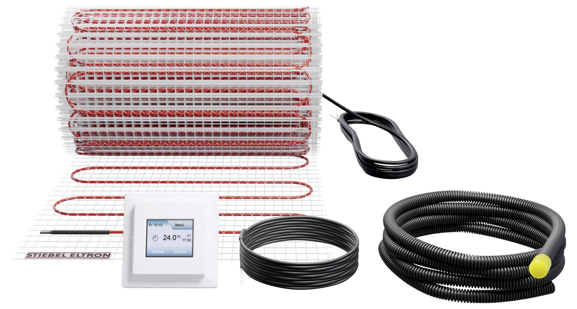 Systém elektronické topné rohože s digitálním termostatem zobrazujícím „24,0°C", instalační vodiče a topný kabel na mřížce.