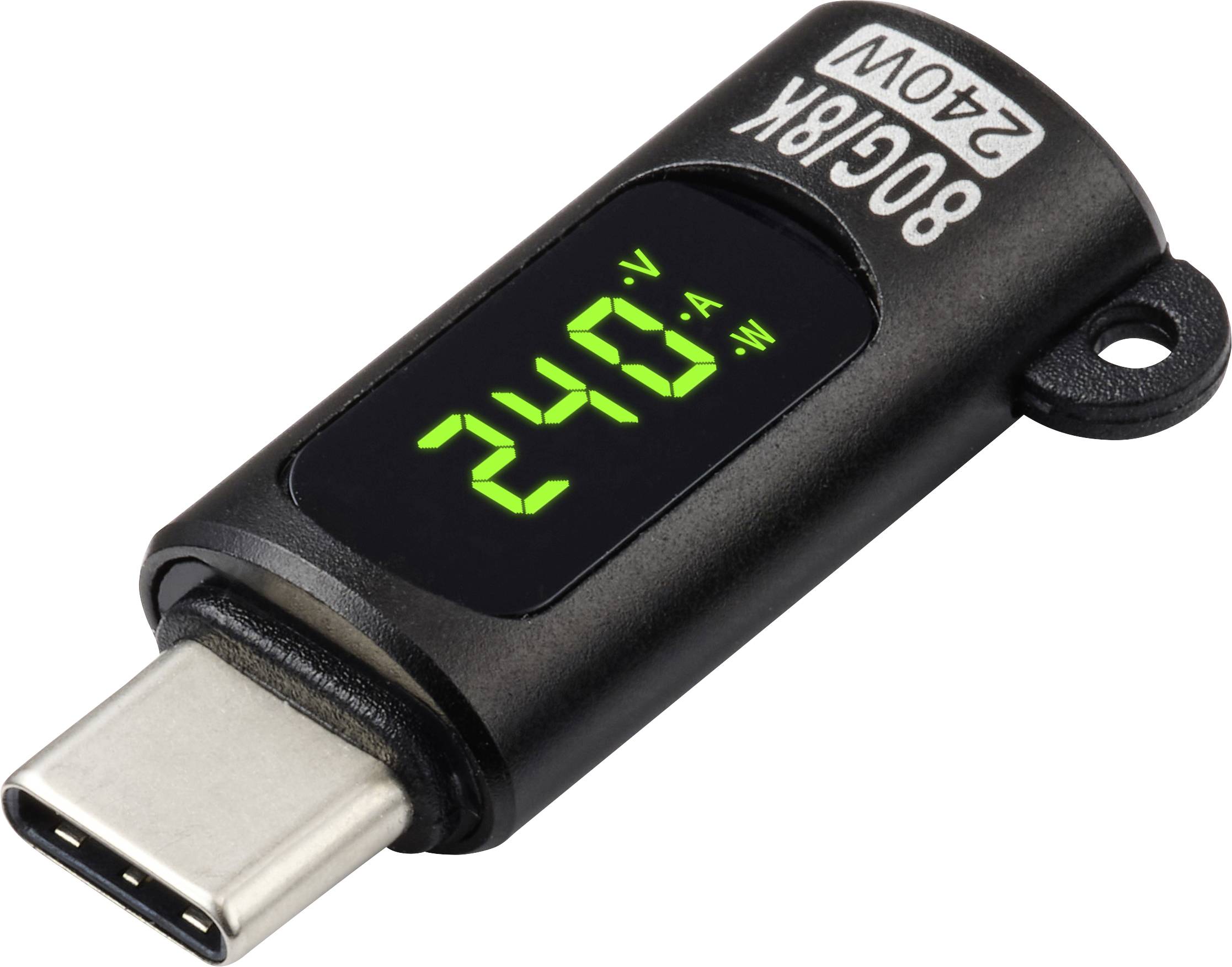'USB-C wattmetr zobrazující 240 voltů na digitálním displeji, indikující úroveň napětí pro monitorování elektrického výkonu.'