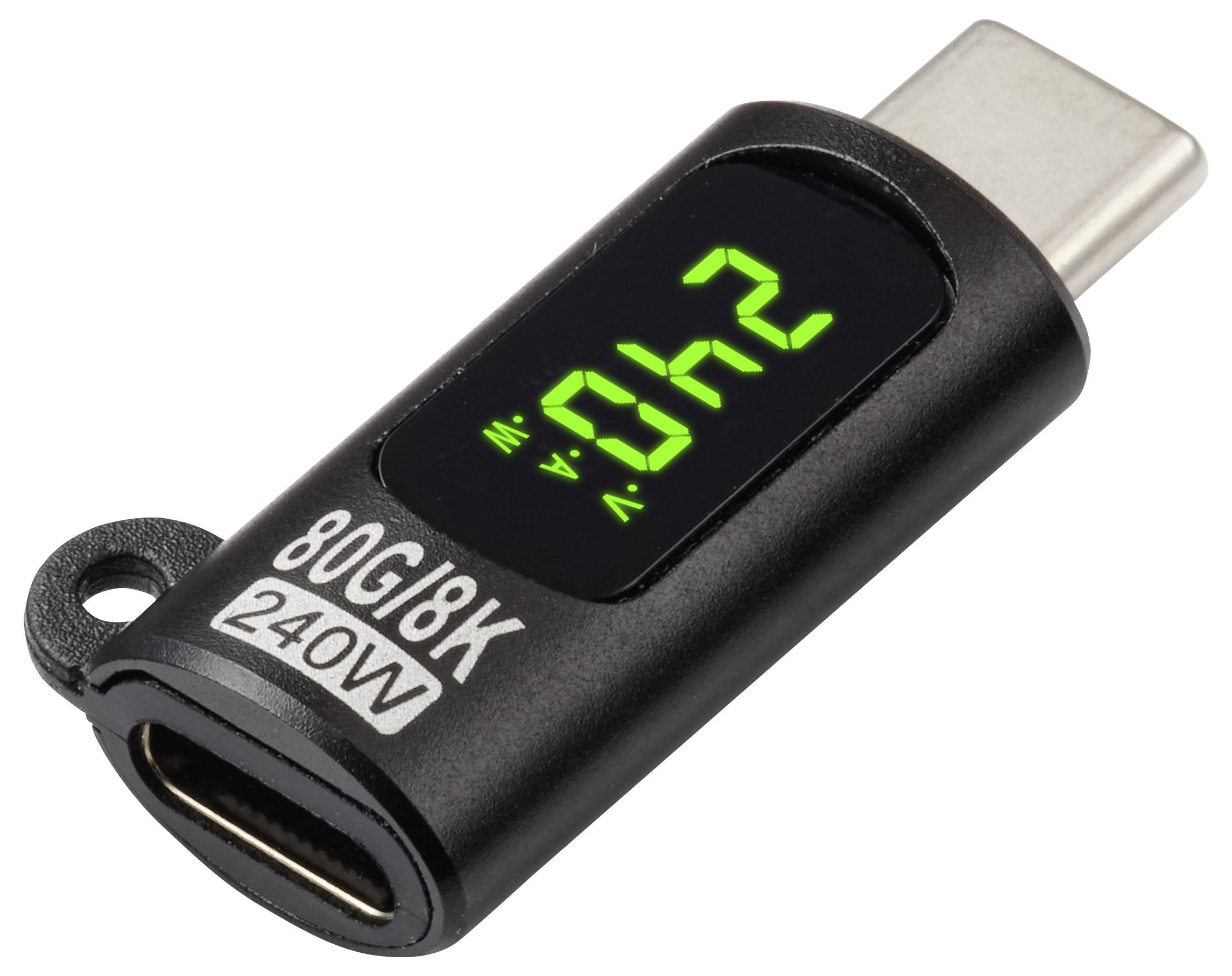 USB-C měřič výkonu zobrazující "24 V" a "5,2 A", se štítky "80GJ8K" a "240W" na straně, které ukazují měření napětí a proudu.