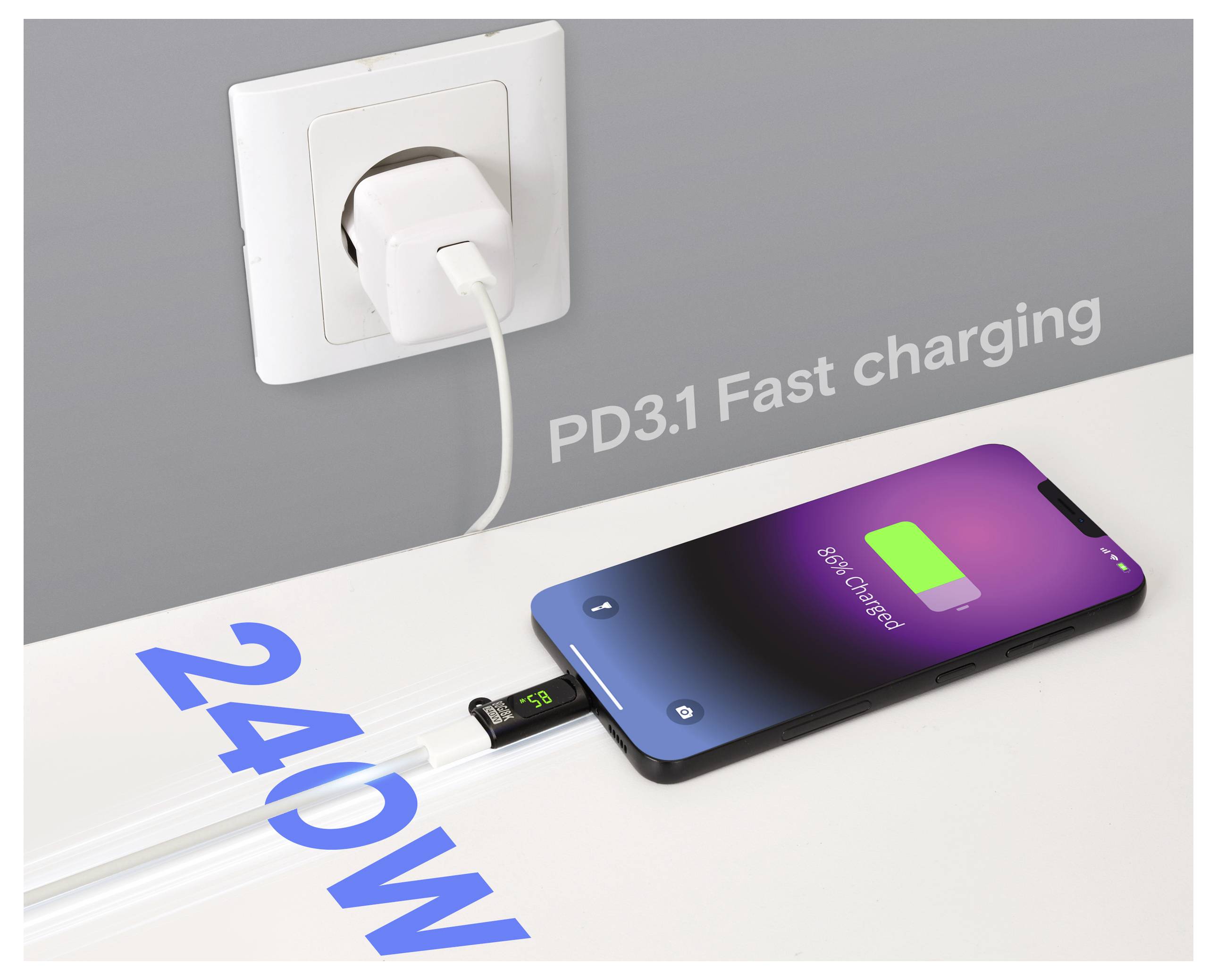 Smartphone zobrazující "85% nabitý" je připojen ke zásuvce v zdi pomocí kabelu "PD3.1 Rychlé nabíjení" označeného "240W".