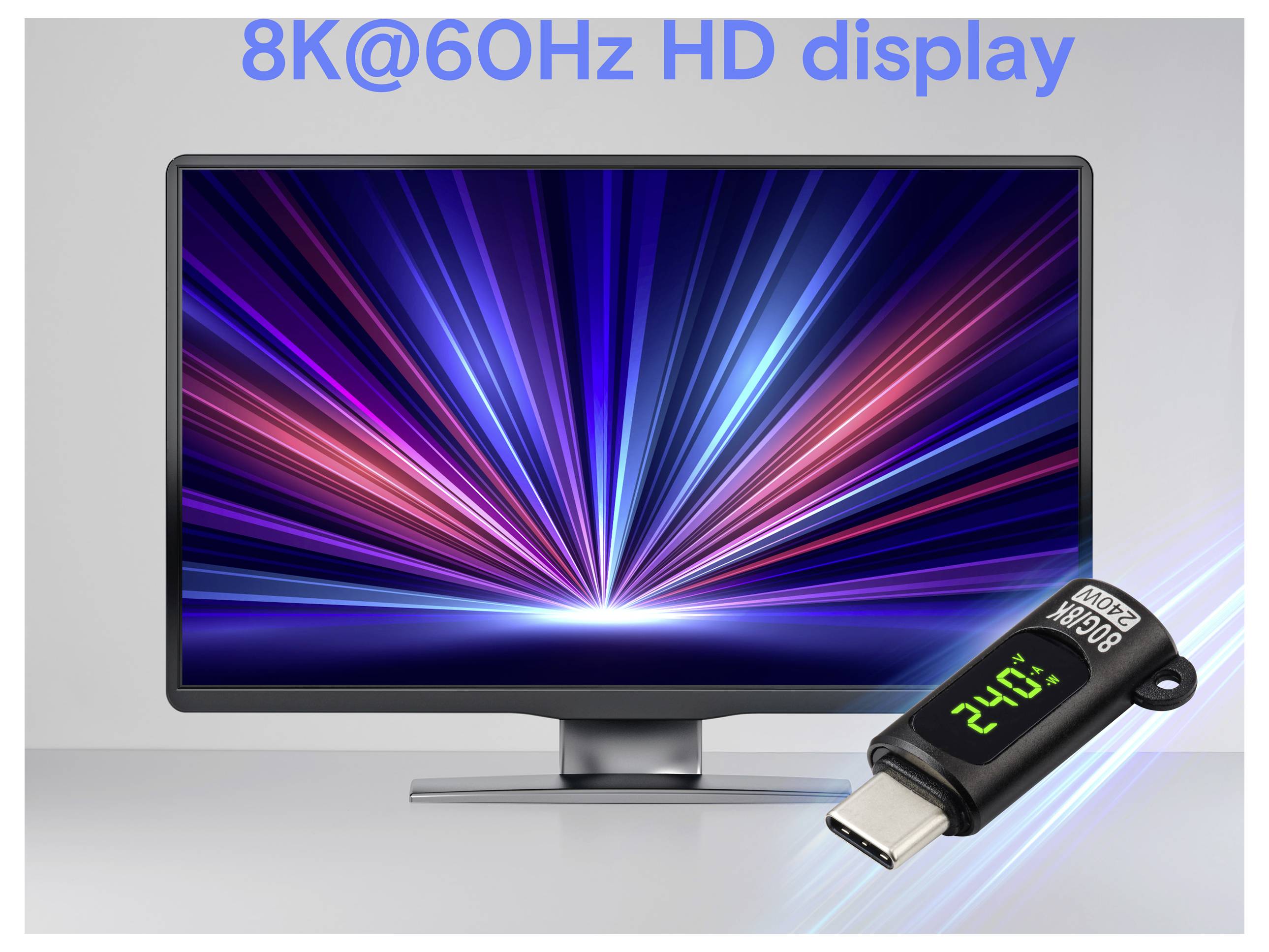 Obrazovka počítače zobrazující živé radiální světelné vzory s textem "8K@60Hz HD display". Zařízení USB ukazuje číslo "2403".