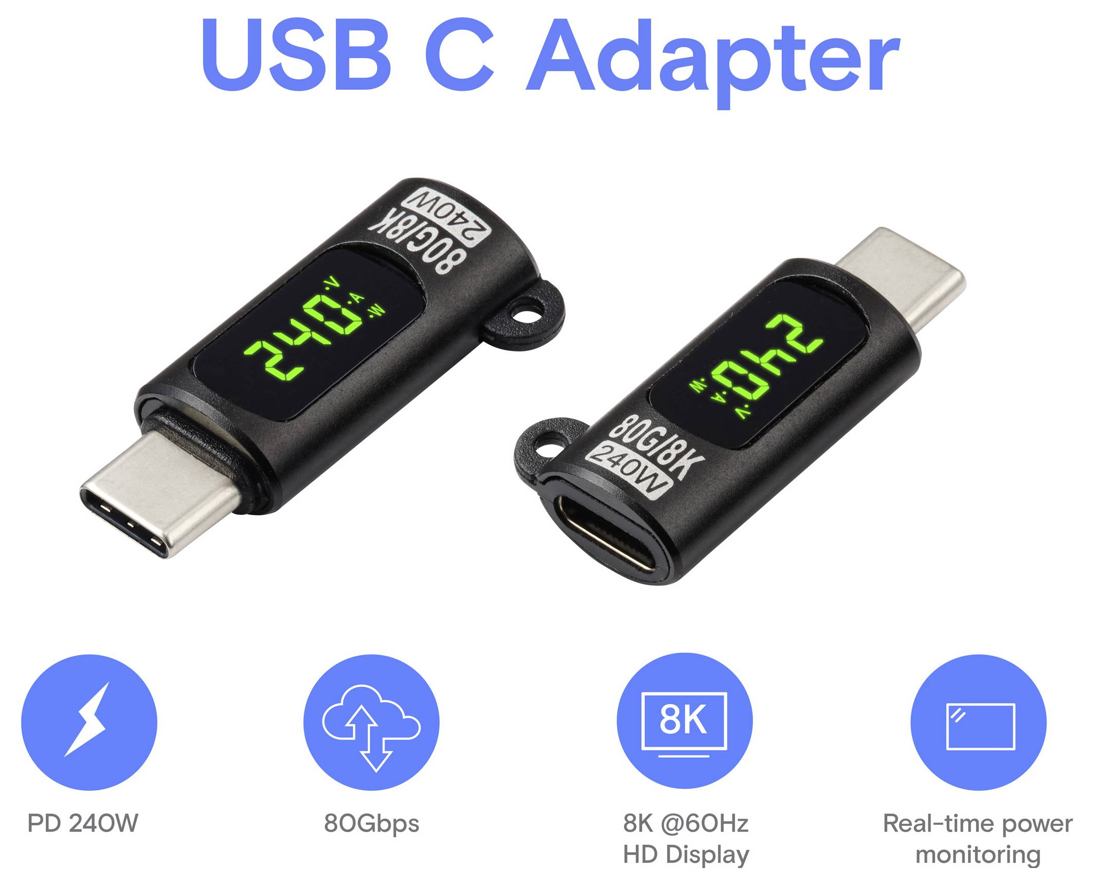 "USB C adaptér: Dva adaptéry zobrazují na obrazovkách „240V" a „0,42". Ikony ukazují „PD 240W", „80Gbps", „8K @60Hz" a „Monitorování výkonu v reálném čase"."