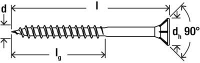 Diagram šroubu se zobrazenými dimenzemi: celková délka l, délka dříku lg, průměr hlavy dh, úhel hlavy 90° a průměr d.