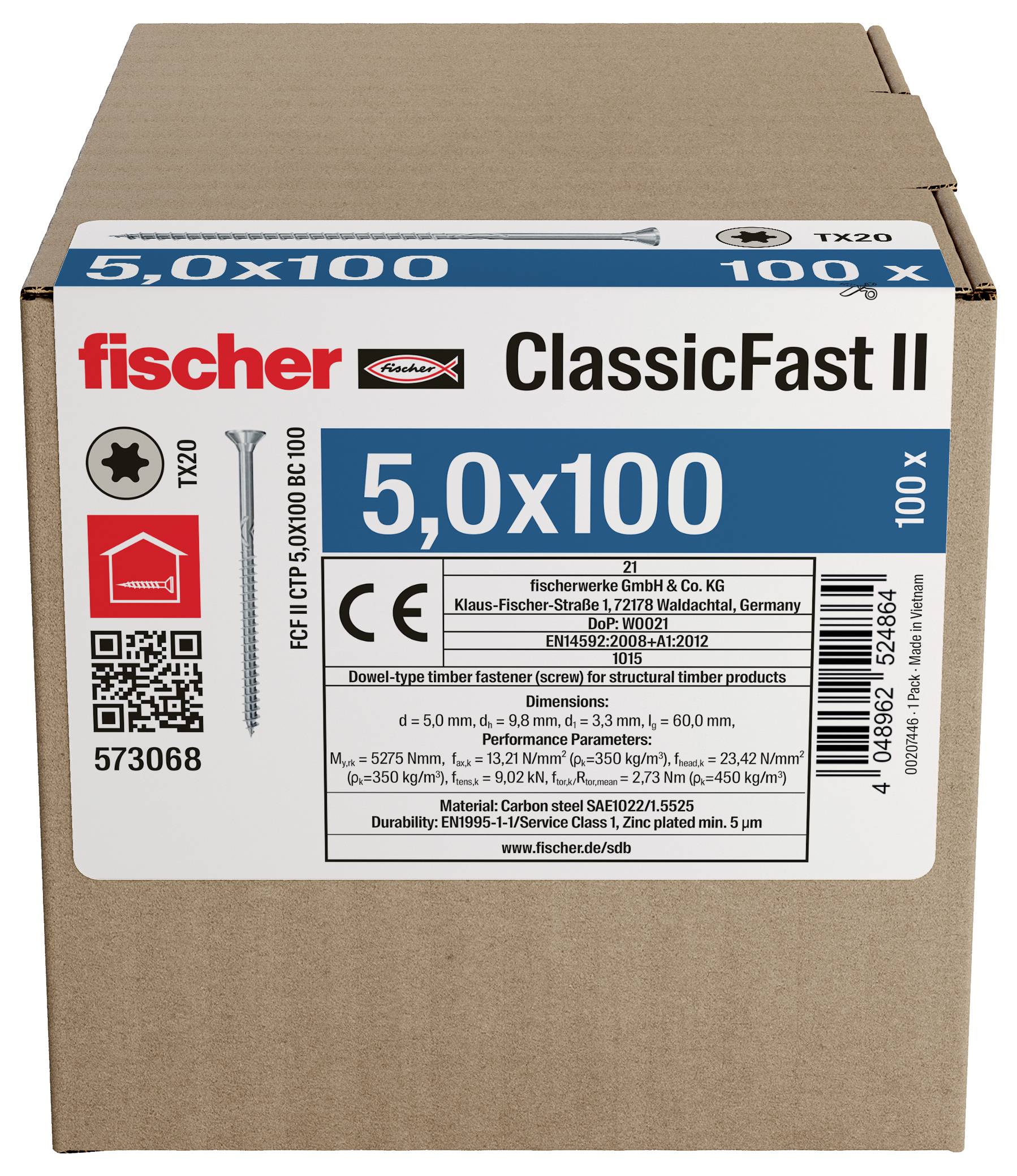 Kartonová krabice označená 'fischer ClassicFast II' s vruty '5,0x100', kód produktu 573068 a technické specifikace na přední straně.