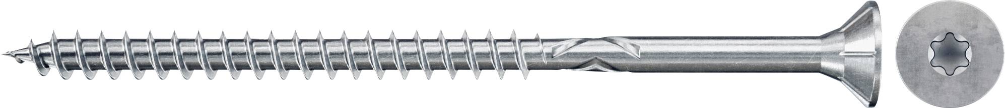 Kovový šroub s hlavou typu torx, špičatým koncem a závitem po délce dříku, určený k upevňování materiálů.