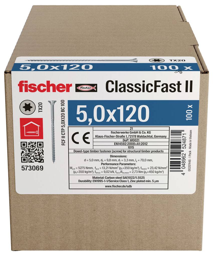 Fischer ClassicFast II 5.0x120mm vruty, 100 kusů. Krabice zobrazuje velikost, specifikace, značku CE, QR kód a kontaktní informace.