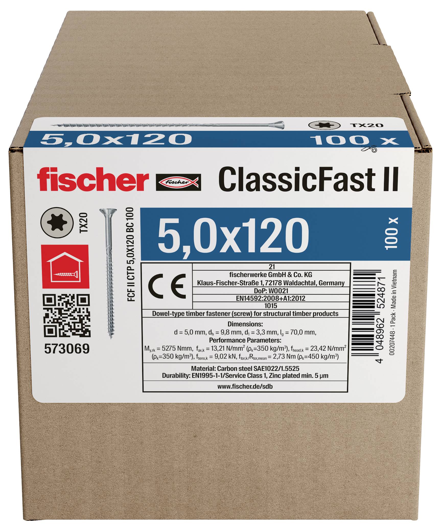Krabice z lepenky se šrouby Fischer ClassicFast II, označené "5,0x120" a "100x", s informacemi o produktu a čárovým kódem na přední straně.