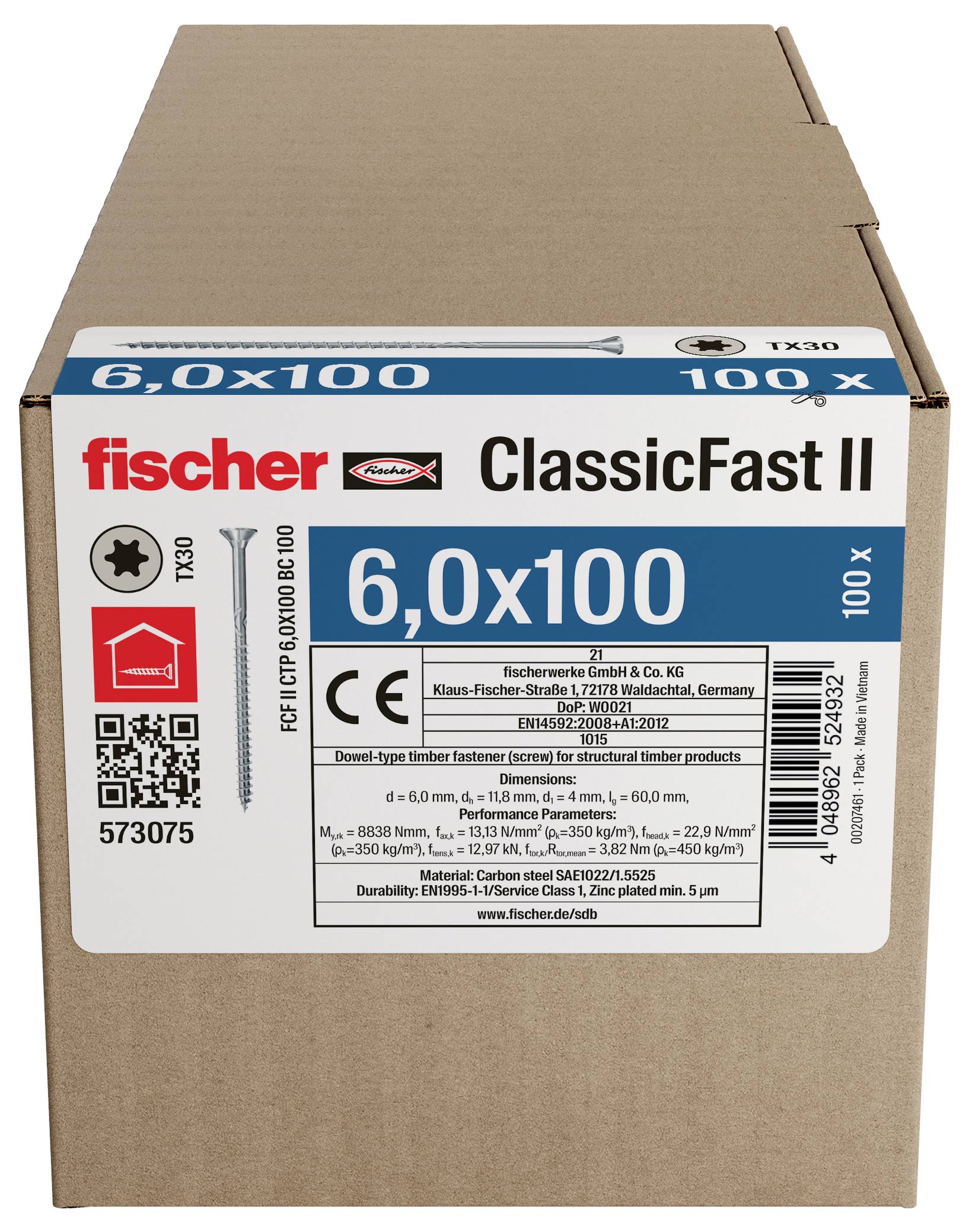 Krabice z lepenky s nápisem 'fischer ClassicFast II' obsahující 100 šroubů, velikosti 6,0x100, určené pro dřevěnou stavbu.