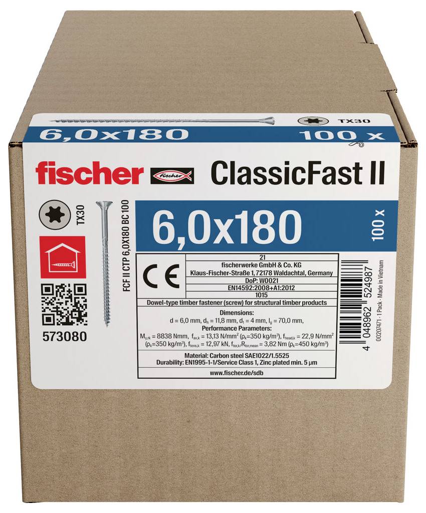 Krabice šroubů Fischer ClassicFast II, velikost 6,0x180, 100 kusů. Popis ukazuje podrobnosti produktu, čárový kód a informace výrobce.