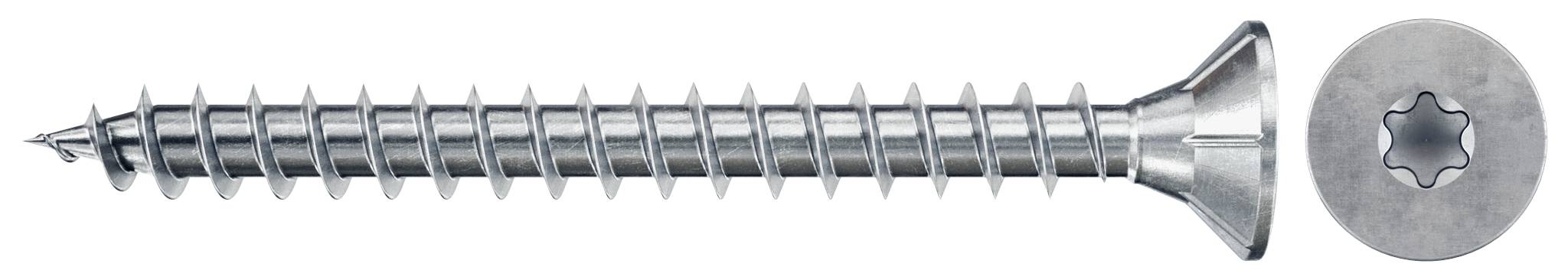 Kovový šroub s Torx hlavou a závitovaným tělem, určený pro upevňování dřeva nebo kovu.