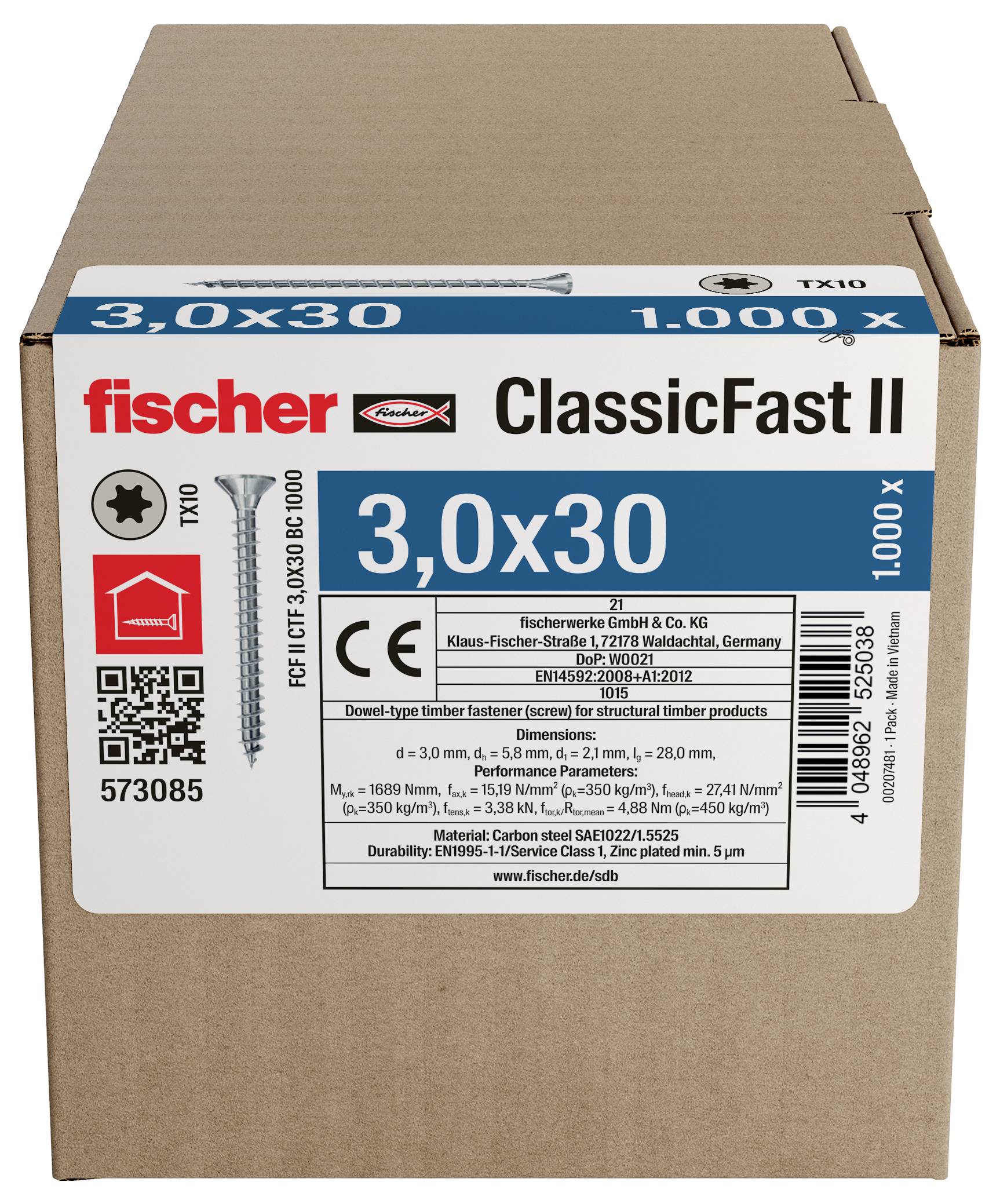 Krabice z lepenky se šrouby Fischer ClassicFast II označená 3.0x30, počet 1 000 kusů, s detaily produktu a čárovým kódem na přední straně.