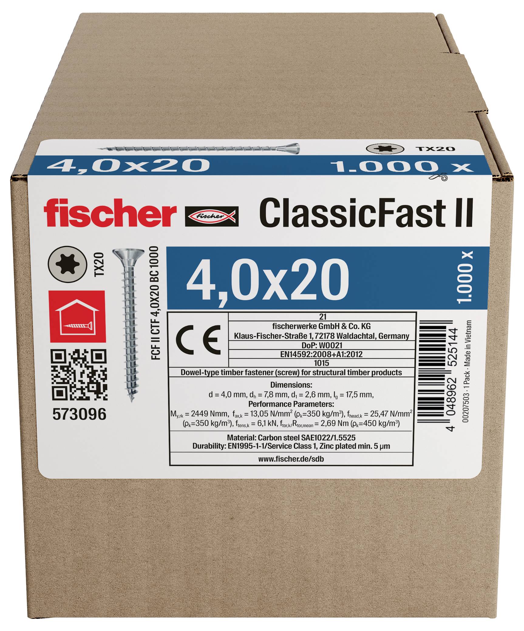 Krabice šroubů Fischer ClassicFast II, velikost 4,0 x 20 mm, se štítkem uvádějícím 1 000 kusů a podrobnosti o produktu.