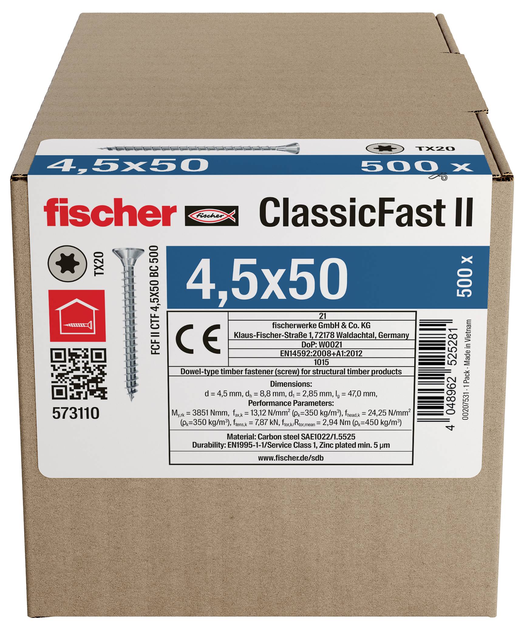 Krabice z lepenky s vruty do dřeva Fischer ClassicFast II TX20, velikost 4,5x50, balení 500 kusů, s produktovým štítkem a QR kódem.