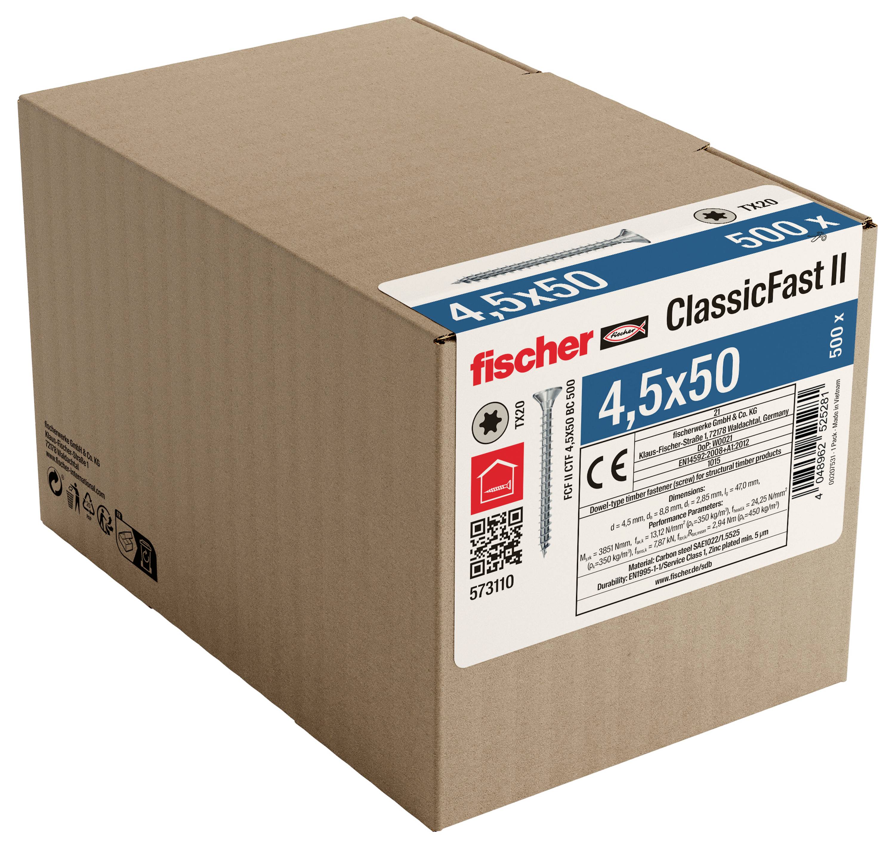Hnědá kartónová krabice označená „fischer ClassicFast II 4,5x50" obsahující 500 šroubů. Štítek obsahuje velikost, čárový kód a podrobnosti o produktu.