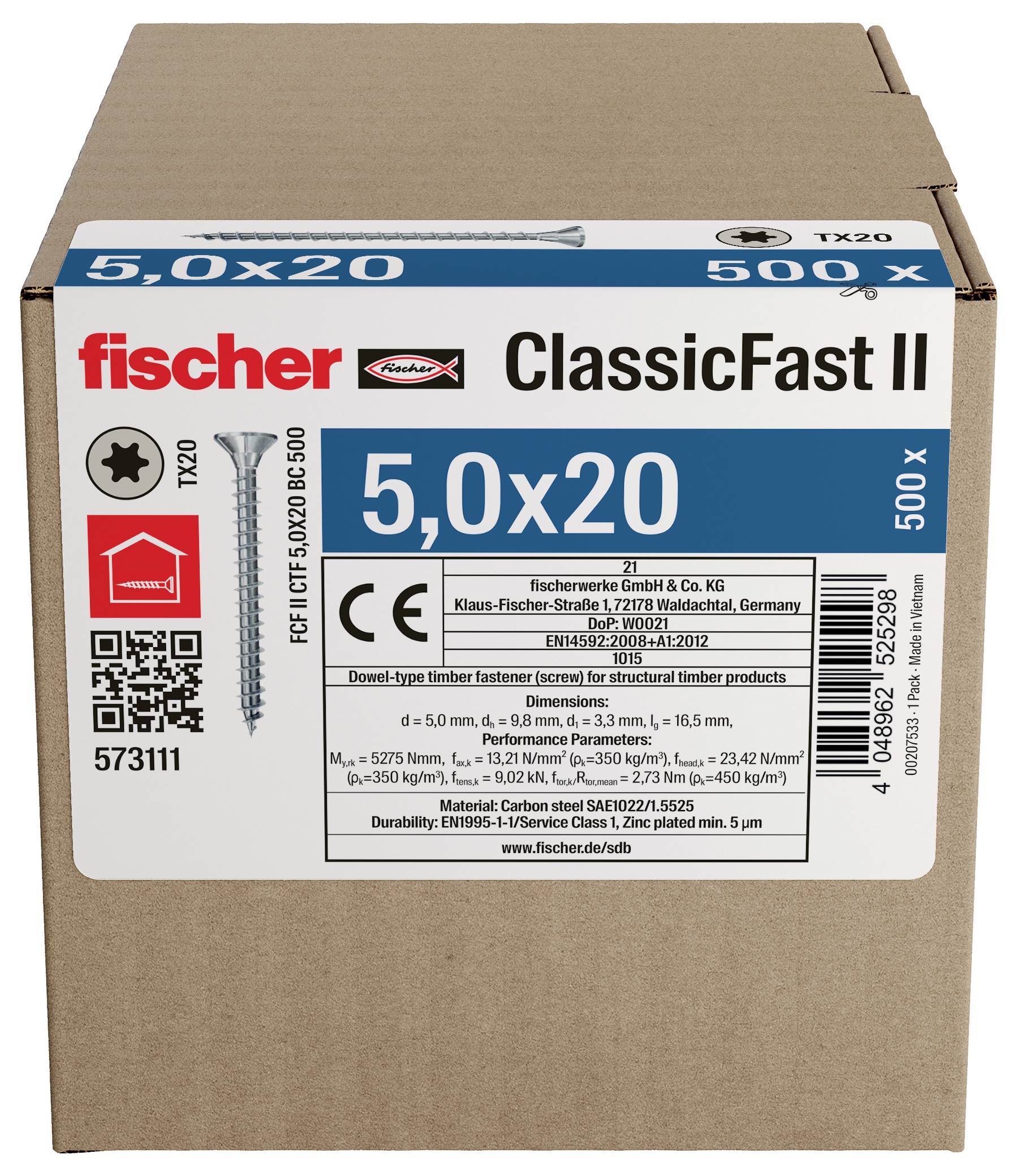Kartonová krabice vrutů Fischer ClassicFast II 5,0x20 na dřevo, označená 500 kusů, s informacemi o produktu a technickými údaji na přední straně.