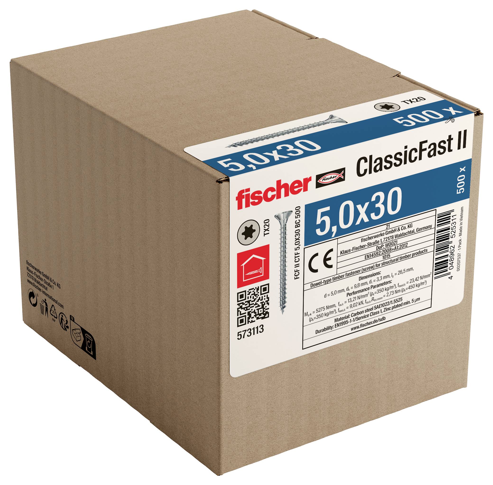 Hnědá papírová krabice šroubů fischer ClassicFast II, označená 5,0x30 a 500 kusů, zobrazená na bílém pozadí.