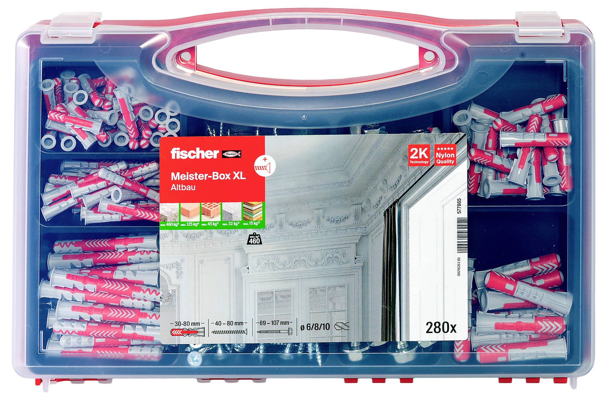 Plastový úložný box vyplněný červeno-šedými Fischer kotvami do stěny a hmoždинками, označený "fischer Meister-Box XL" a "280x".