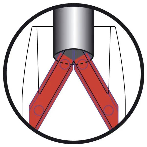 Diagram schematického kloubu s dvěma červenými artikulovanými rameny setkávajícími se pod šedým válcem uvnitř kruhového rámu.