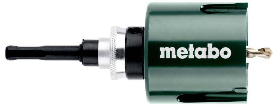 Zelený 'metabo' unašeč děrovky s vrtací nástavbou, boční pohled.